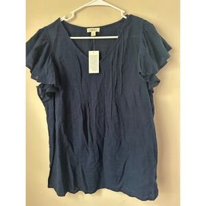 Style Co Navy Blue Textured Flutter Sleeve V‎ Neck Top Plus Size 1X
